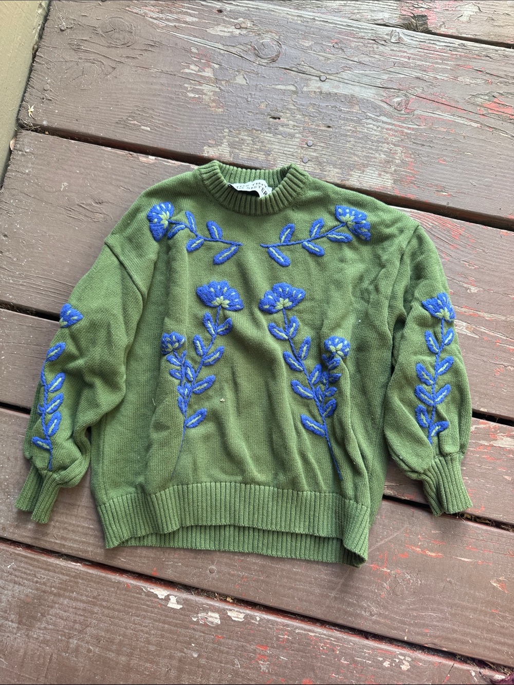 Women's Olive Green Sweater with Blue Floral Embroidery